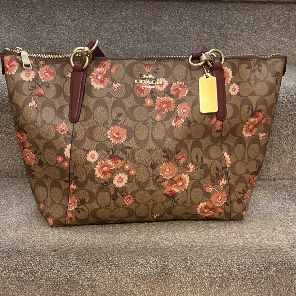 Coach Tan and Pink Floral Shoulder Bag